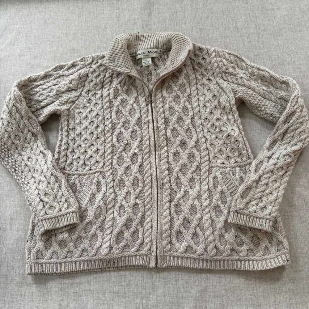 Aran Mor Ireland Womens Medium Merino Wool Cable Knit Full Zip Sweater Beige